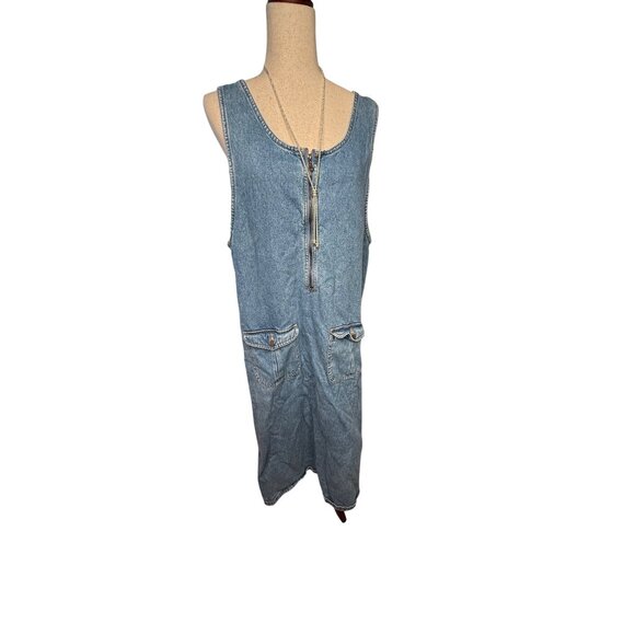 Vtg 90 Denim Jumper Maxi Dress L Front Zipper Pockets Modest Country Teacher Y2K - Picture 2 of 16